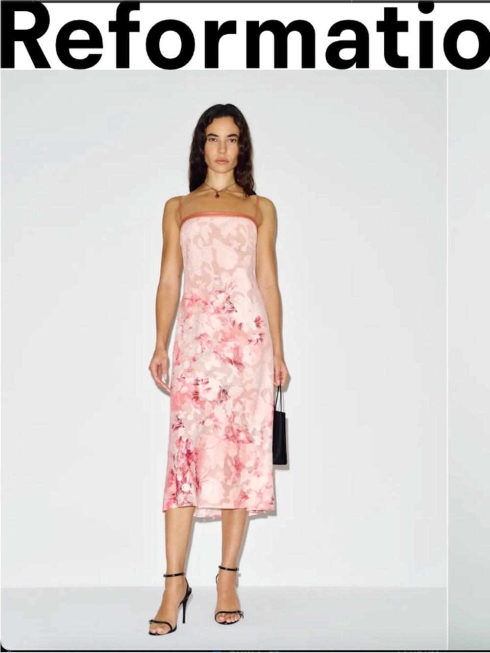 Reformation Pink Floral Slip Midi Dress with Delicate Lace Overlay